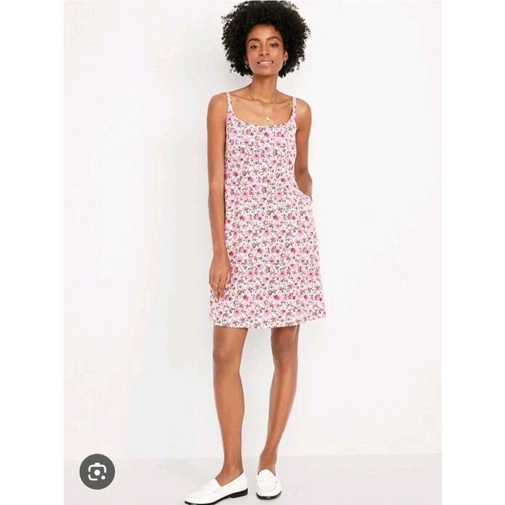 Old Navy White Pink Ditzy Floral Linen Blend Fit & Flare Cami Mini Dress Size XL